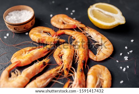 
raw prawns waiting for the grilled cook, with herbs and spices on a stone background