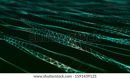 Network of dots connected by lines. DNA twisted structure. Molecular abstract background. Big data visualization. 3D rendering.