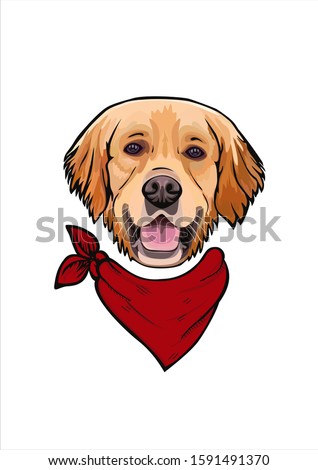 Vector cartoon portrait sketch drawing of a smiling yellow dog breed Golden Retriever in nice bandana around his neck.Hipster doggy head face with red neckerchief isolated on white background. Royalty-Free Stock Photo #1591491370