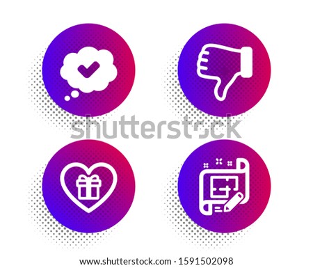 Approved, Romantic gift and Dislike hand icons simple set. Halftone dots button. Architect plan sign. Comic message, Surprise with love, Thumbs down. Engineering plan. Business set. Vector