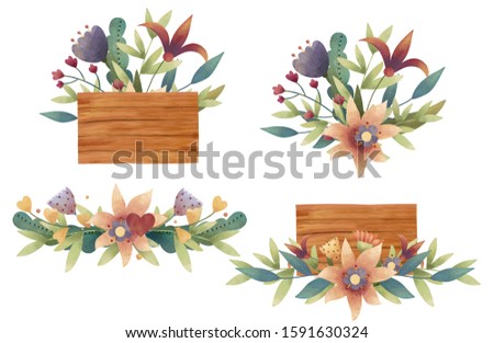 Set of spring, summer garden and forest bouquets with flowers, leaves and branches. Hand drawn illustration.