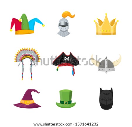 Masquerade hats flat vector illustrations set. Jester, witch, pirate, indian headgear isolated cliparts collection on white background. Halloween party accessories. Childish costumes design elements