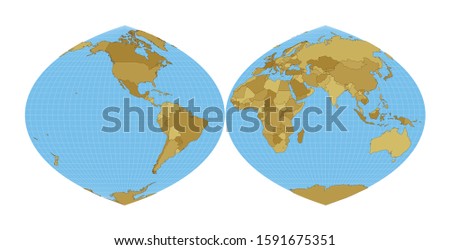 World Map. Quartic authalic projection interrupted into two hemispheres. Map of the world with meridians on blue background. Vector illustration.