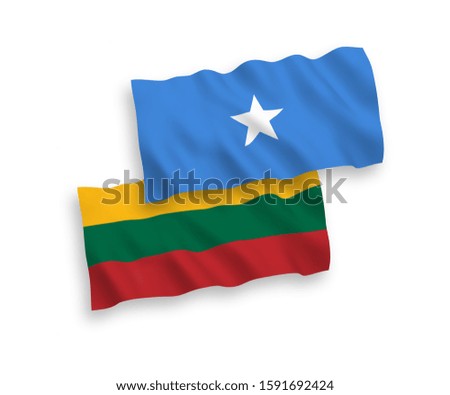 National vector fabric wave flags of Lithuania and Somalia isolated on white background. 1 to 2 proportion.