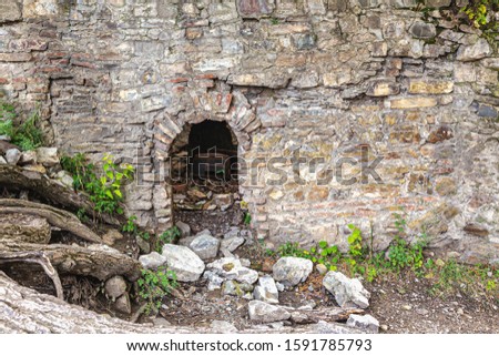An old fortress wall of stone and bricks, an arched doorway in the wall, tree roots sprouting in the wall