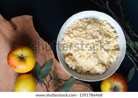 Food preparation concept ingredients for make apple galette pie crust on black with copy space