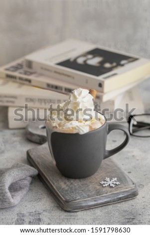 Cup of hot chocolate cacao for cold days. Winter hygge concept.