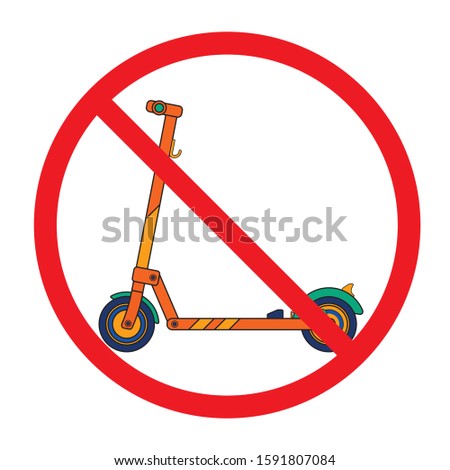 Modern motorized scooter drawn in a flat style placed in a prohibition sign
