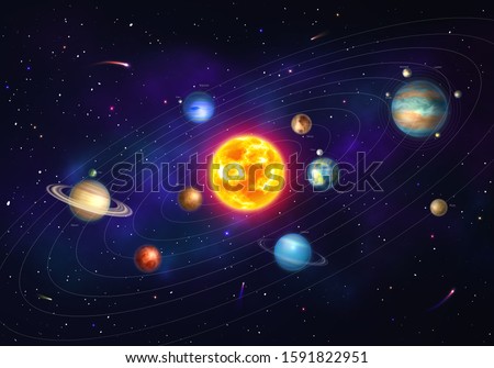 Colorful solar system with nine planets which orbit sun. Galaxy discovery and exploration. Realistic planetary system with satellites in deep space vector illustration. Astronomy science banner. Royalty-Free Stock Photo #1591822951