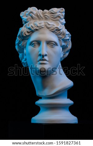 Plaster statue of a bust of Apollo Belvedere in blue local light on a black background