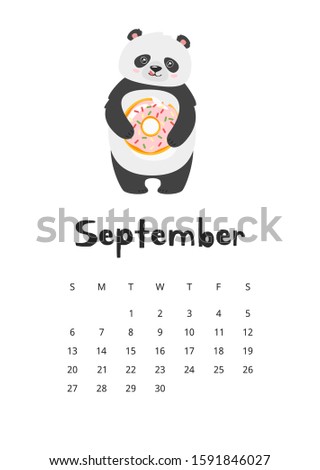 September calendar with panda template. Cute asian bear with tasty doughnut. Funny chinese animal holding dessert cartoon character. Childish planner page design with adorable mascot 