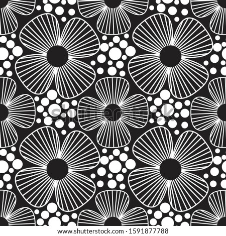 Monochrome four petal flower line drawing seamless vector pattern. White four petal with line details and dot texture on a black background.