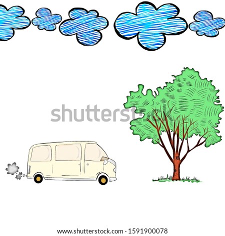 Hand drawing of cartoon Van vehicle with smoke, blue sky fluffy and large tree on over white background,free space for your text design. Creative series with illustration progress.