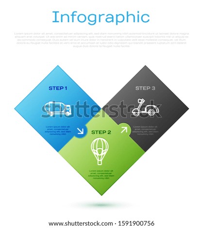 Set line Tanker truck, Scooter and Hot air balloon. Business infographic template. Vector