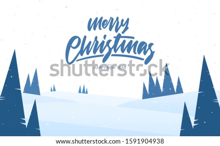 Vector illustration. Blue winter snowy landscape with hand lettering of  Merry Christmas and Happy New Year.