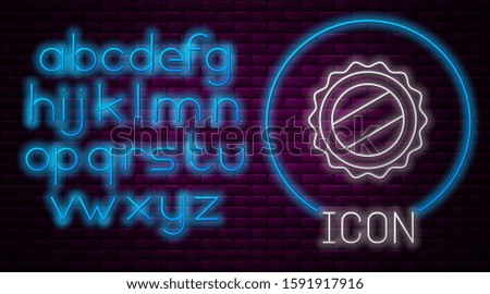 Glowing neon line Bottle cap icon isolated on brick wall background. Neon light alphabet. Vector Illustration