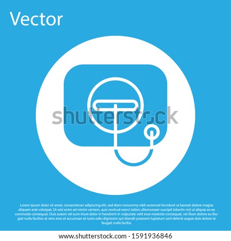 Blue Oil filler cap opening at the gas station icon isolated on blue background. White circle button. Vector Illustration
