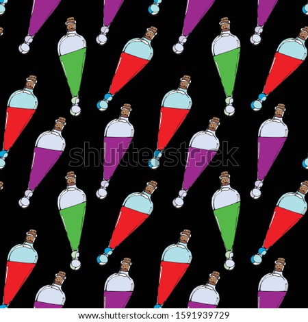 Vector seamless pattern with potion flasks. Hand-drawn on a black background. for the design of wallpaper, coatings, packaging of paper, textiles, fabrics.