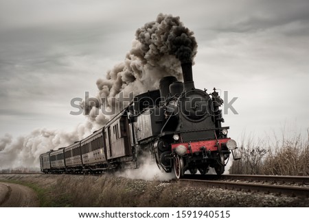 Vintage steam train with ancient locomotive and old carriages runs on the tracks in the countryside Royalty-Free Stock Photo #1591940515