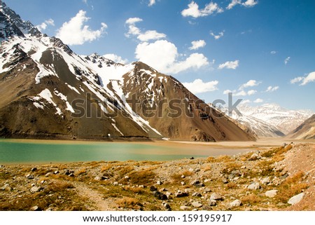 Cajon del Maipo canyon and Embalse El Yeso, Andes, Chile Royalty-Free Stock Photo #159195917