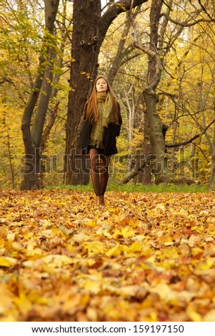 girl walks on leaves in autumn park