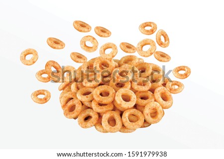 Fried and Spicy Mini Ring Snacks or Fryums (Snacks Pellets) Salty Corn Rings Snack, in a white background. selective focus - Image Royalty-Free Stock Photo #1591979938