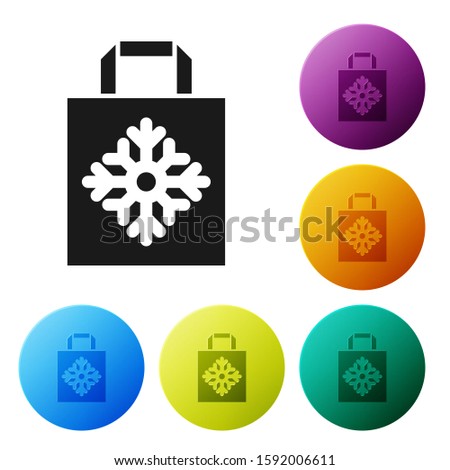 Black Christmas paper shopping bag icon isolated on white background. Package sign. Merry Christmas and Happy New Year. Set icons colorful circle buttons. Vector Illustration