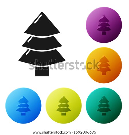 Black Christmas tree icon isolated on white background. Merry Christmas and Happy New Year. Set icons colorful circle buttons. Vector Illustration