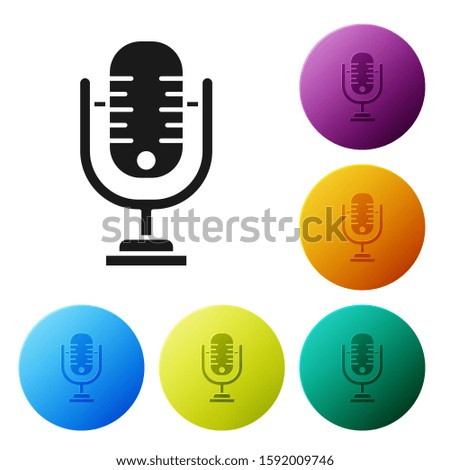 Black Microphone icon isolated on white background. On air radio mic microphone. Speaker sign. Set icons colorful circle buttons. Vector Illustration