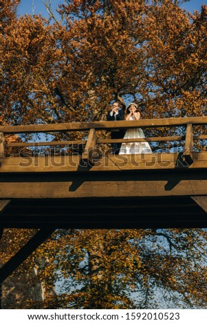 Incredible newlyweds stand on a wooden bridge leading to the castle
