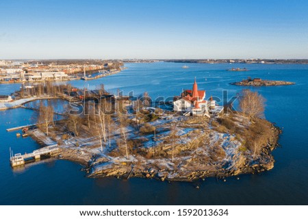 Helsinki photo top view. Winter season. View of Valkosaari and Luoto Islands.