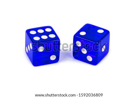 Two blue glass dice isolated on a white background. Six and two with a shadow.