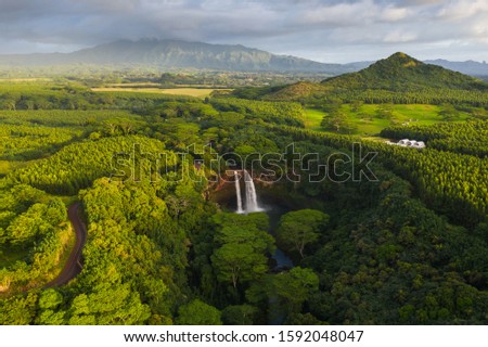 Hawaiian waterfalls on Kauai in aerial drone picture. Beautiful twin falls surrounded by green lush nature landscape and mountains in background. Hawaii United States