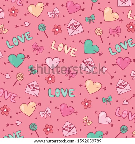 Valentine's Day Clip Art Set of Graphics. Flowers, hearts, envelope, cake, letter, gift, bow, ice cream. Valentine's Day stickers set. Valentine's Day pattern. Wrapping paper or fabric.