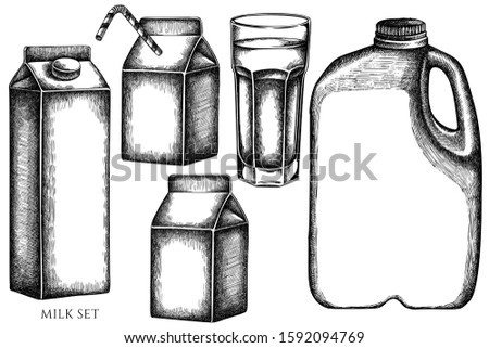 Vector set of hand drawn black and white glass, milk boxes, gallon of milk