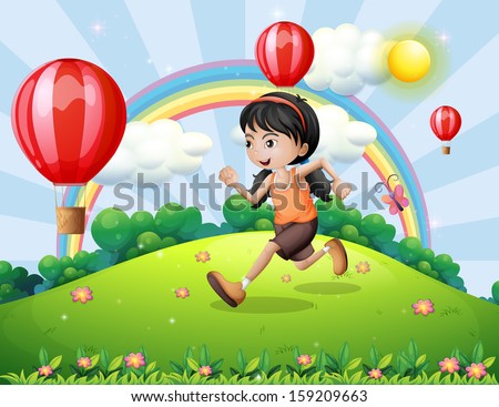 Illustration of a girl running at the hilltop