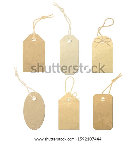 Set of vector carton labels with various linen string tying. Tags tied with knots and bows of realistic, detailed linen thread material.