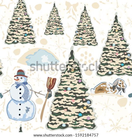 Winter Seamless Pattern with bunnies, spruce trees and snowman. Blue Background with transparent bear and other winter doodles. Creative Design. Vector Illustration.