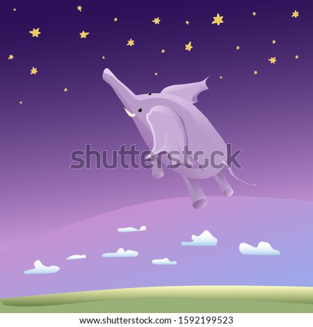 Elephant flies into space. Illustration for children.