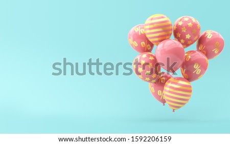 Pink balloons with golden percent on a blue background. 3d render illustration.