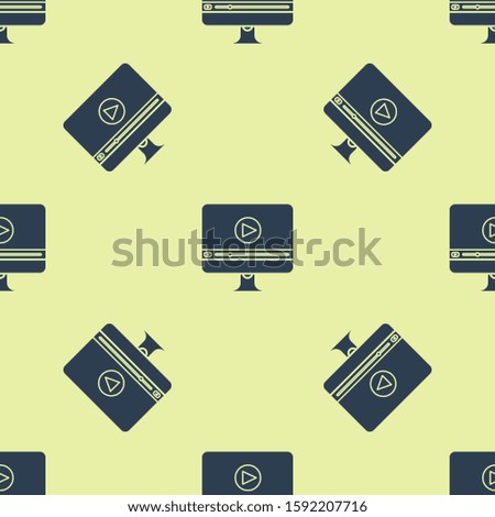 Blue Online play video icon isolated seamless pattern on yellow background. Computer monitor and film strip with play sign.  