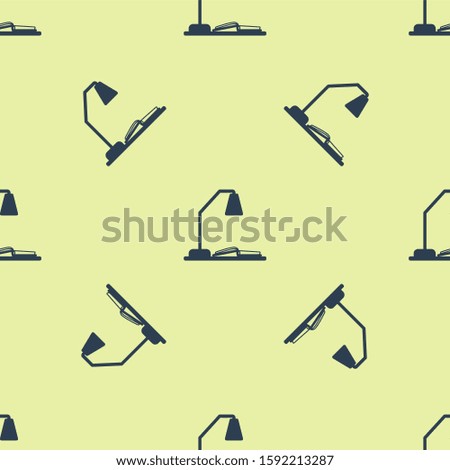 Blue Workplace with table lamp and open book icon isolated seamless pattern on yellow background. Table office lamp.  