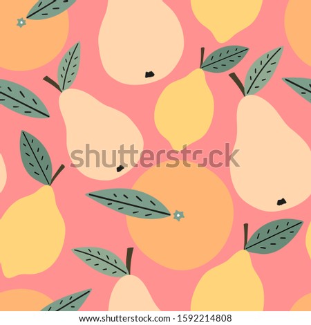 Hand drawn fruits seamless pattern for print, textile, fabric. Trendy kids fruits background. Lemon, orange and pears background.