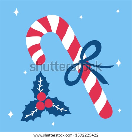 Christmas traditional sweet gift candy cane with a bow and beside it lies mistletoe on a blue background with snowflakes in scandinavian doodle style. Vector illustration, simple object, square.