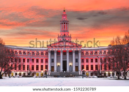 Denver, Colorado, USA city and county building at dusk in winter.