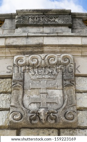 Coat of arms of Gdansk on the wall fountain in Szczecin. Poland