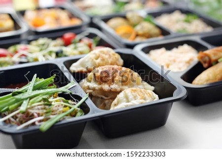 Diet catering.Ready meal on a tray. Box diet, dietetic catering. Royalty-Free Stock Photo #1592233303