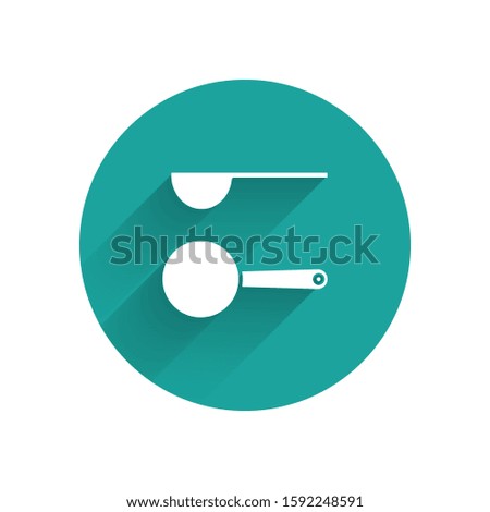 White Measuring spoon icon isolated with long shadow. Green circle button. 