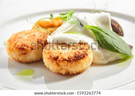 Halibut cutlets or fish cakes with cream cheese on white restaurant plate isolated. Homemade golden fried seafood meatballs, breaded flatfish fillet in breadcrumbs with white sauce and herbs closeup