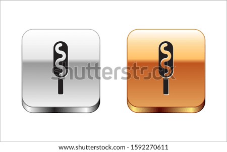Black Corn dog icon isolated on white background. Traditional american fast food. Silver-gold square button. 